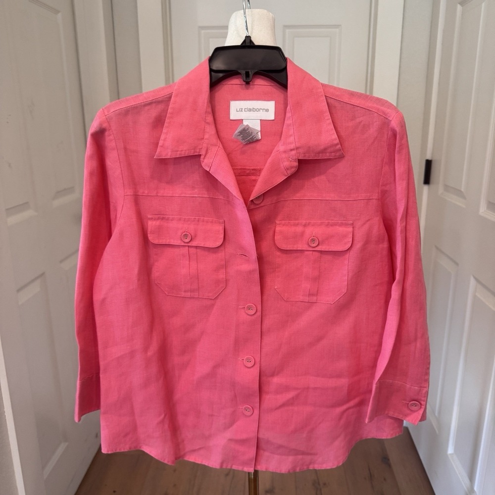 100%‎ Linen Coral Pink Shirt Jacket Button Up Size 8 Coastal Grandma Pretty - Picture 3 of 9